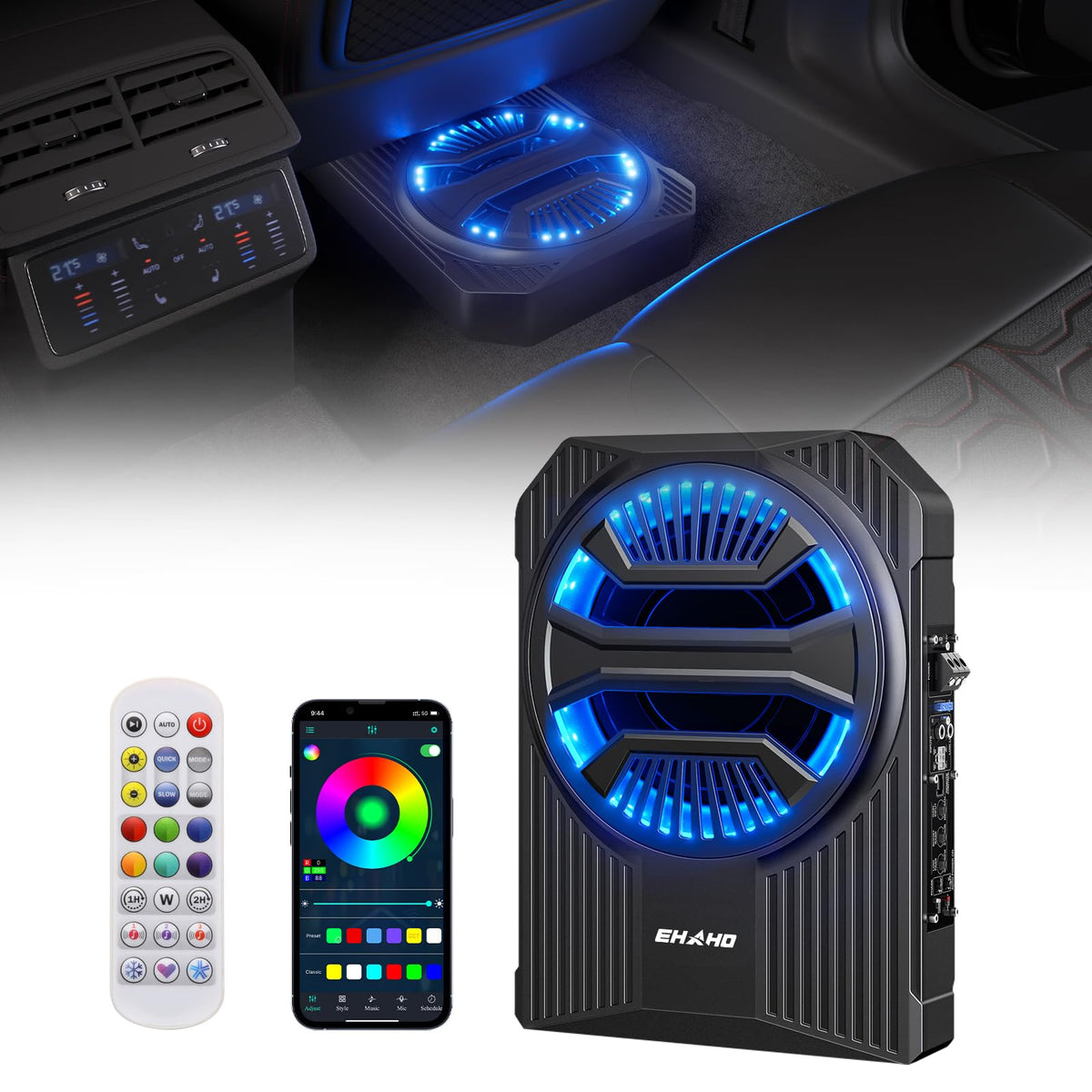 Ehaho front view under-seat subwoofer showing compact fit and punchy bass
