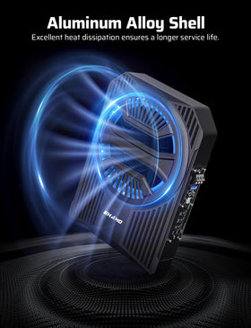 Ehaho under-seat subwoofer beside ruler showing compact size advantage