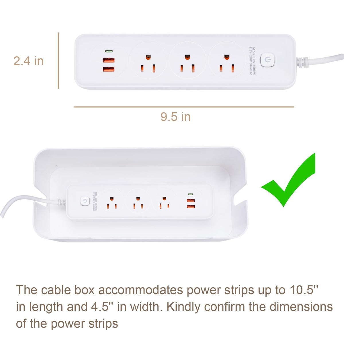 Eichzer cable box with the power strip hidden for a clean, unobtrusive space.
