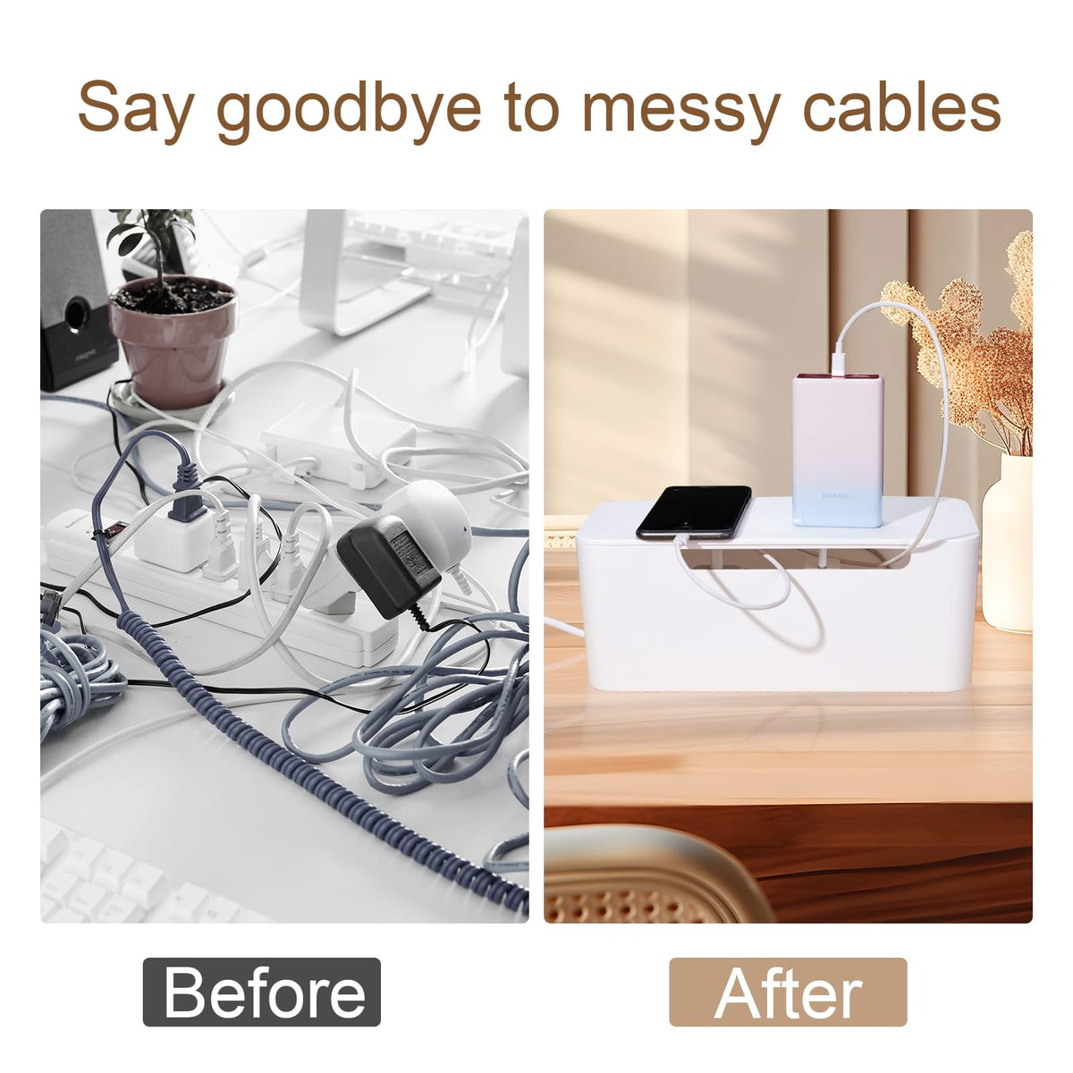 Eichzer cable box waterproof ABS construction for spill protection around cords is visible.
