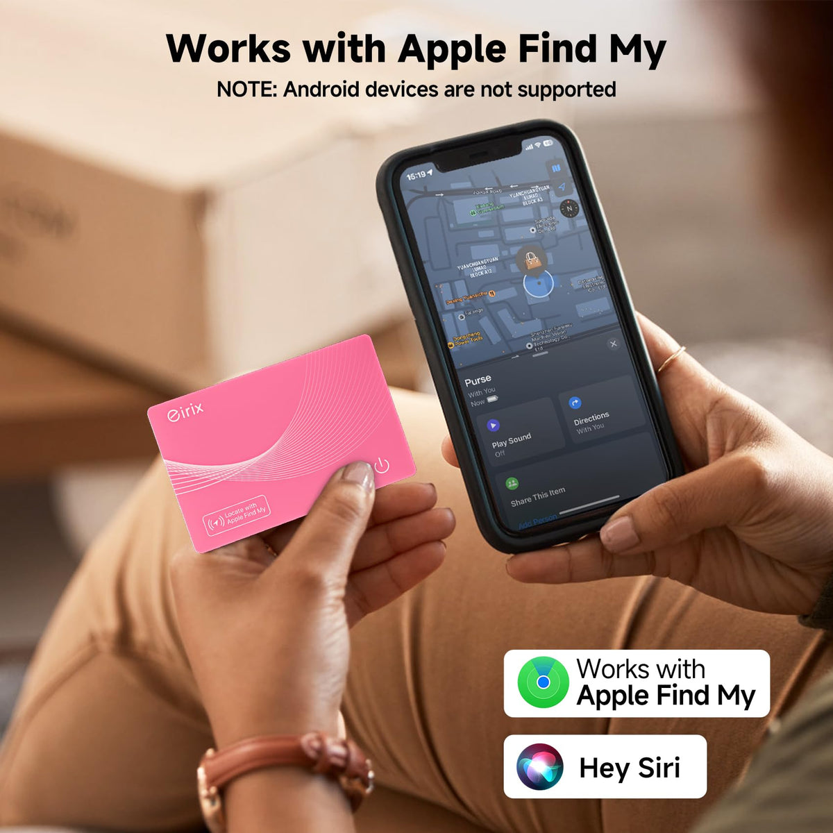eirix wallet tracker card showing Apple Find My compatibility on iOS