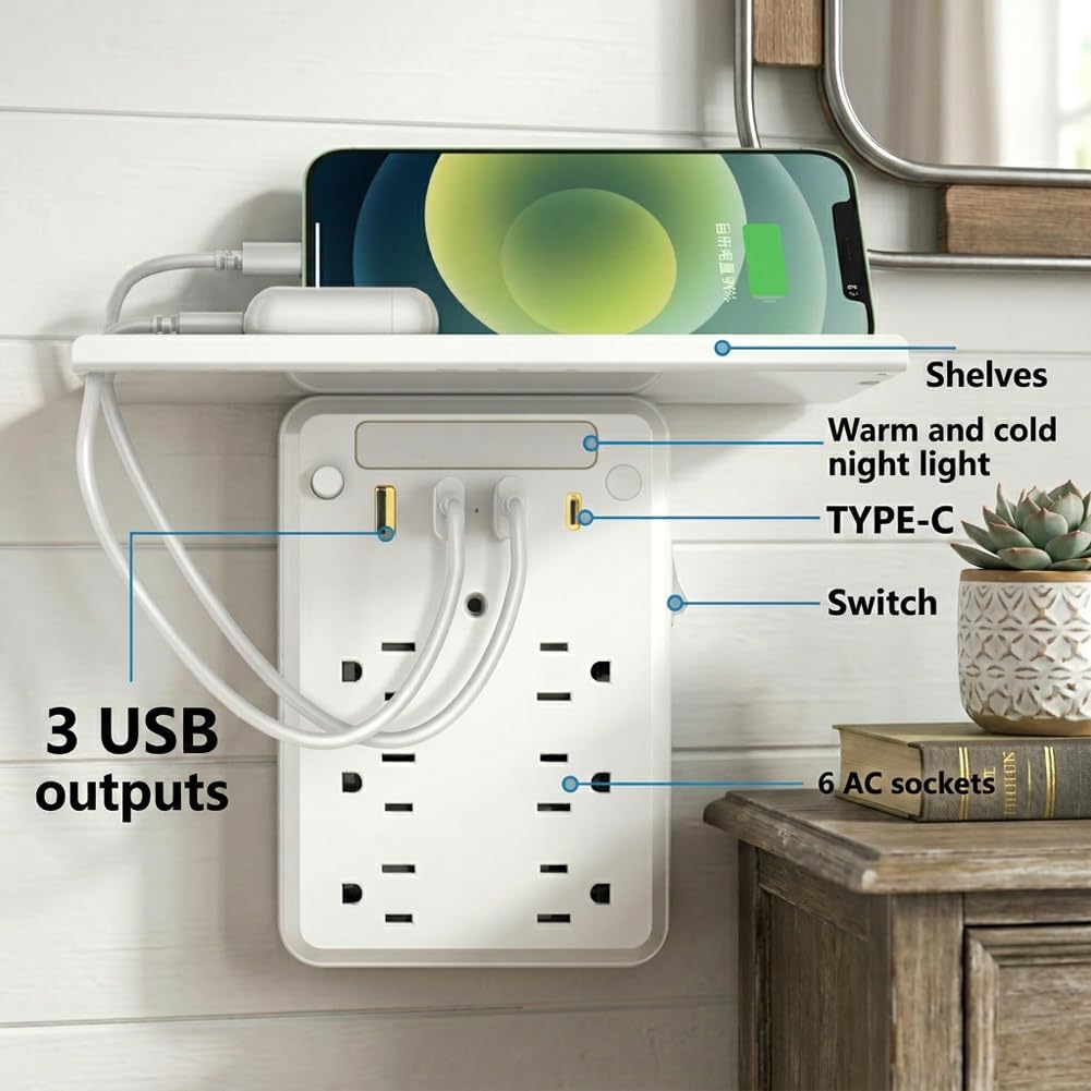Eiusrr outlet shelf extender cord storage keeps cables organized and out of sight.