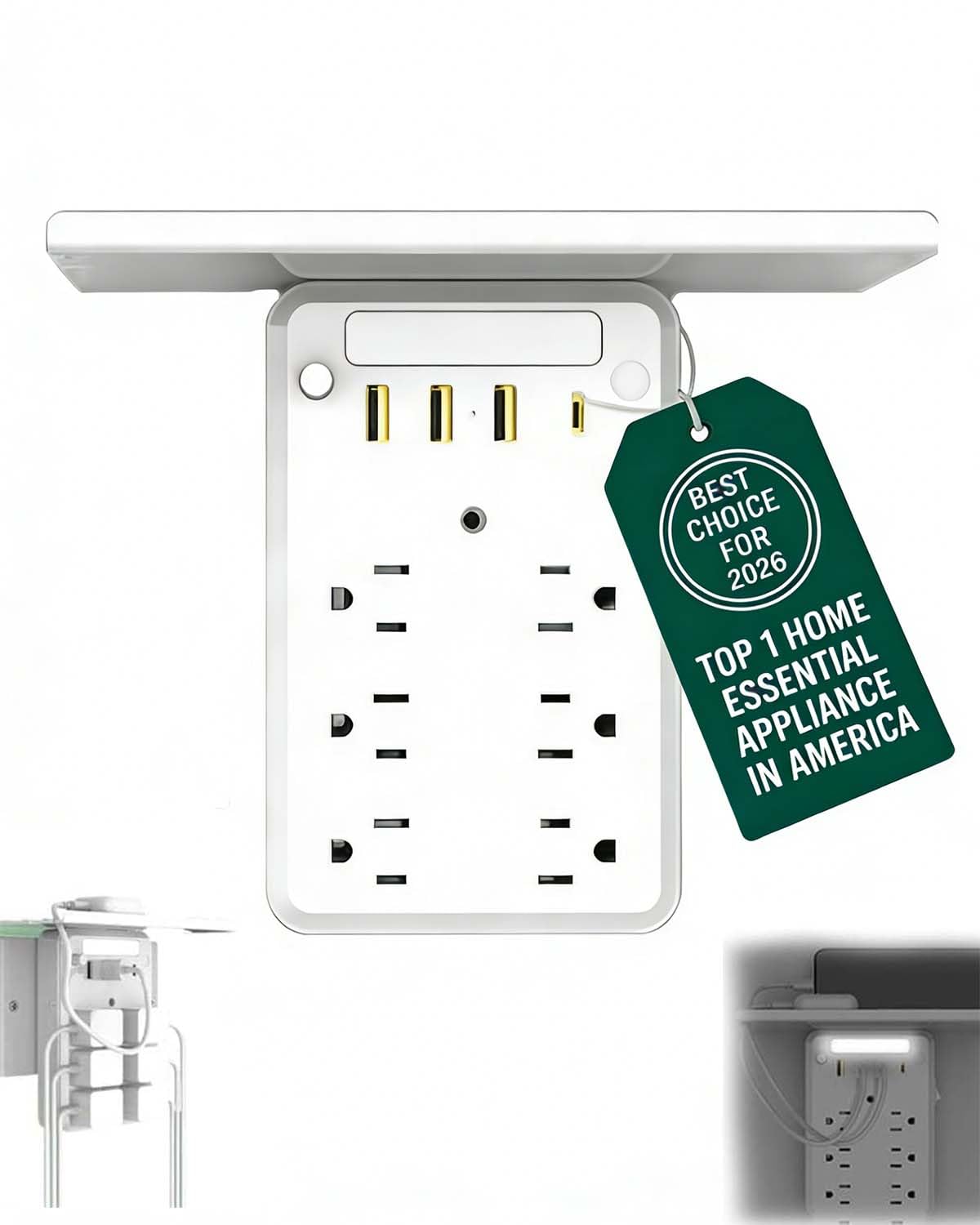 Eiusrr outlet shelf extender front view shows six outlets and a slim vertical profile for tight spaces.