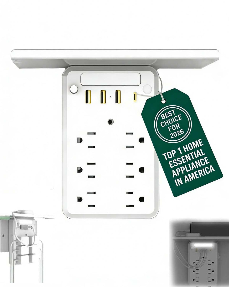 Eiusrr outlet shelf extender front view shows six outlets and a slim vertical profile for tight spaces.