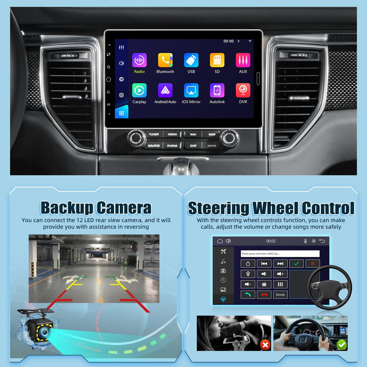 EKAT 10.1-inch car stereo offers FM radio, EQ, and Bluetooth hands-free calling.