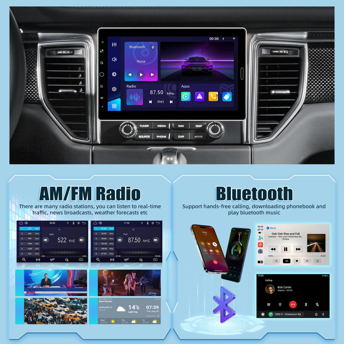 EKAT 10.1-inch car stereo with steering wheel controls enables safer, convenient adjustments.