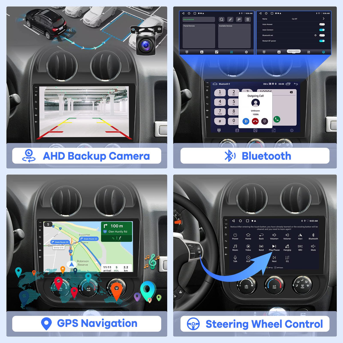 EKAT Jeep Compass Patriot radio with AHD rear camera for clear reversing view