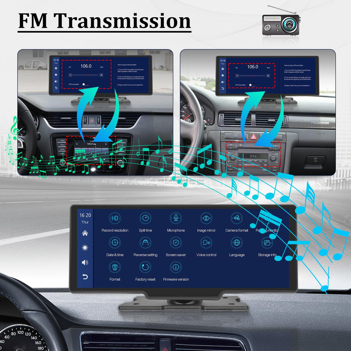 EKAT rectangular touchscreen design minimizes dashboard obstruction.