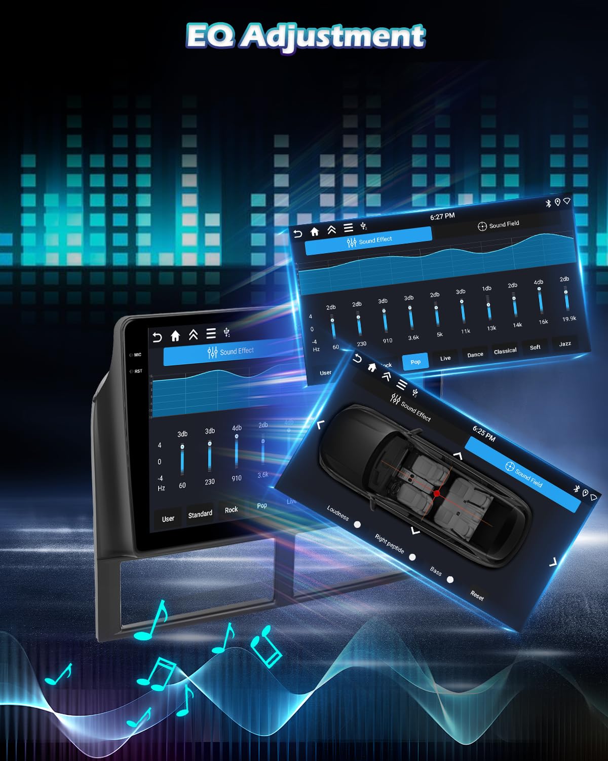 EKAT split-screen multitasking on a 9-inch car radio for GPS and music together