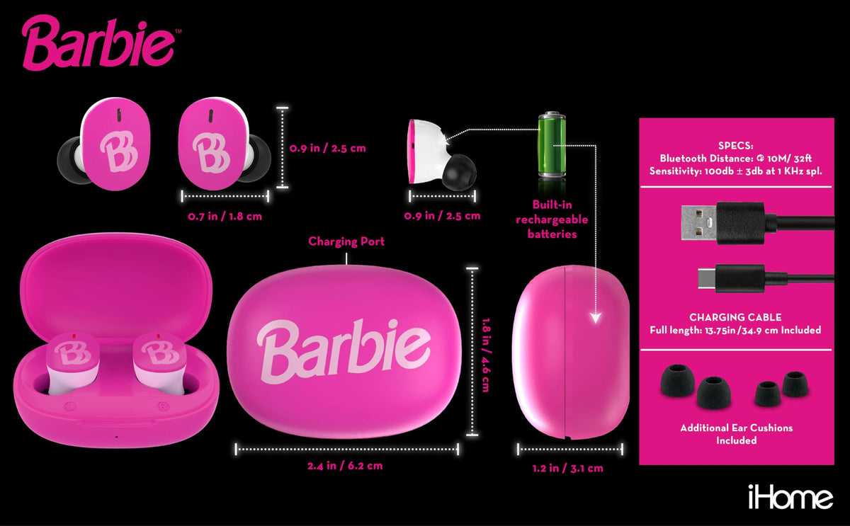 eKids Barbie earbuds with soft rubber ear cushions ensure a secure, comfortable fit.