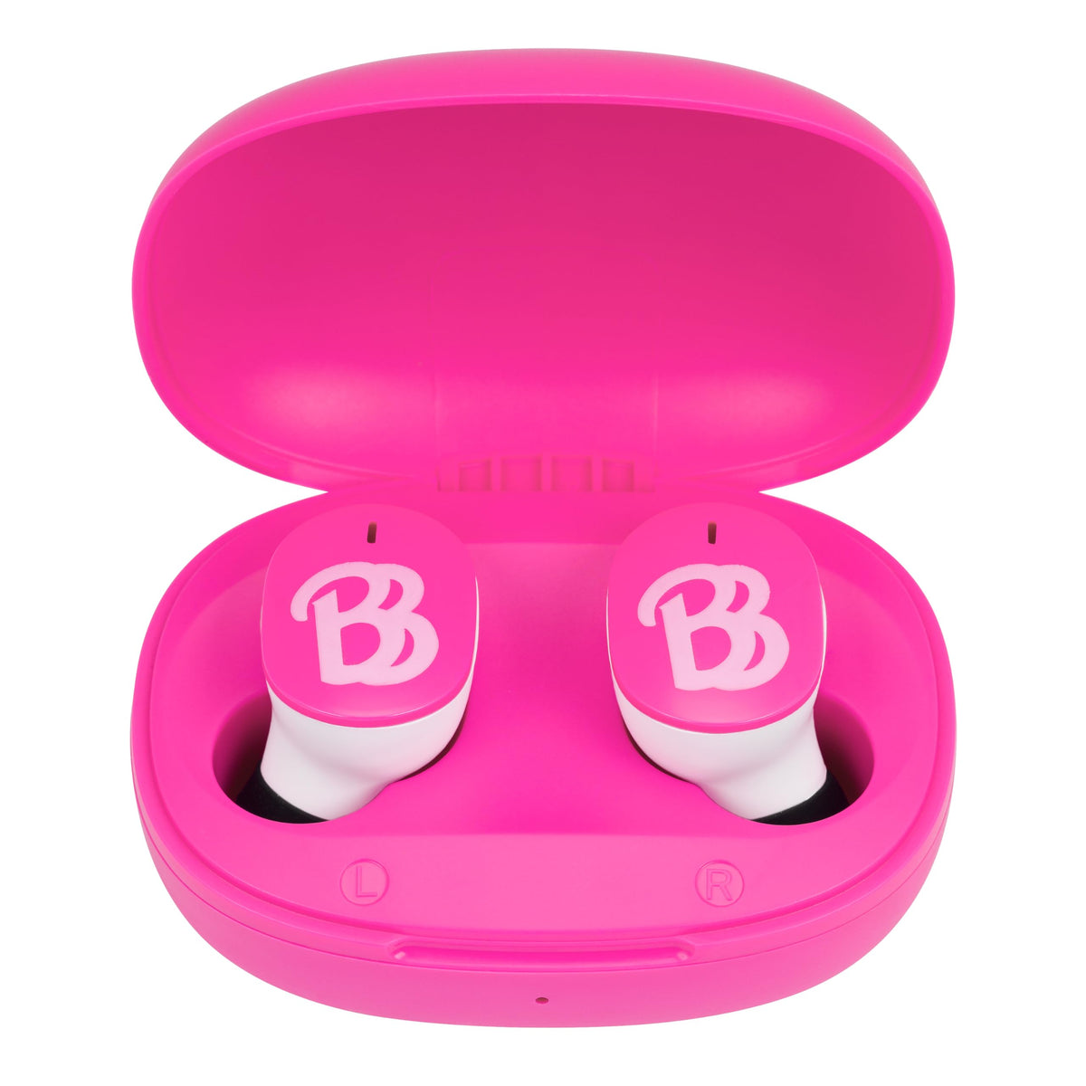 eKids Barbie wireless earbuds front view with kid-friendly pink design for daily use.