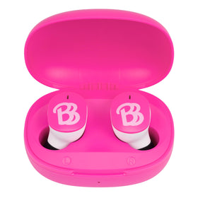 eKids Barbie wireless earbuds front view with kid-friendly pink design for daily use.