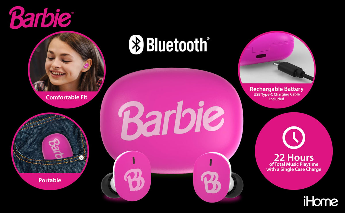 eKids Barbie wireless earbuds in charging case for portable power on the go.