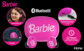 eKids Barbie wireless earbuds in charging case for portable power on the go.