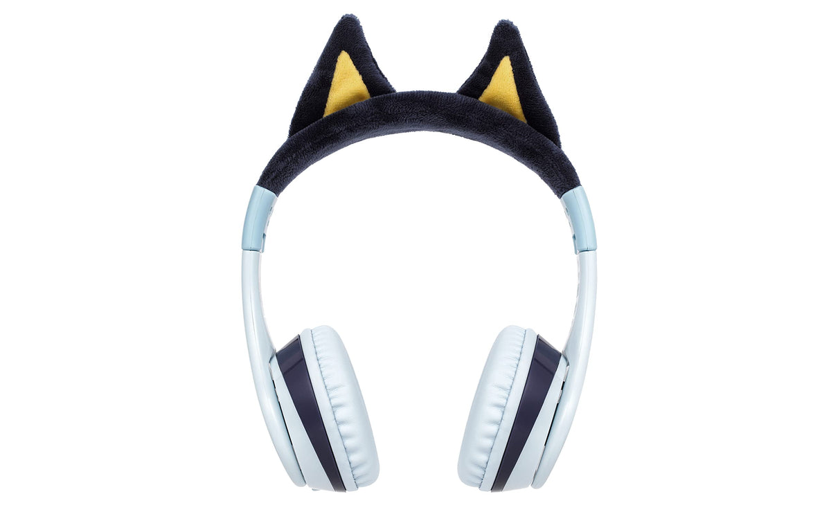 eKids Bluey child wearing headphones, comfortable fit for travel or school