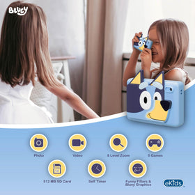 ekids Bluey kids camera with SD card included for immediate photo memories.