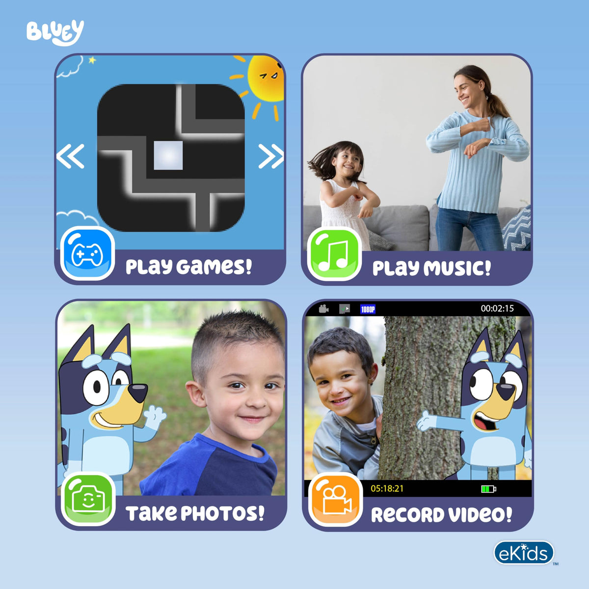 ekids Bluey kids camera in use for video recording with a clear 2-inch screen.