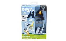 eKids Bluey next to backpack for scale, travel-ready compact headphones