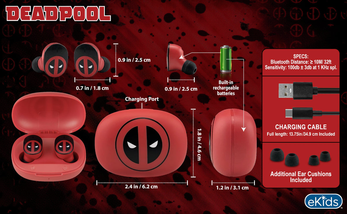 eKids Deadpool Bluetooth earbuds compatible with iPhone and Android.