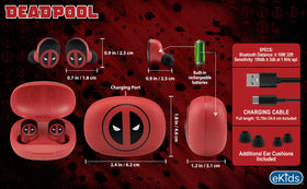 eKids Deadpool Bluetooth earbuds compatible with iPhone and Android.