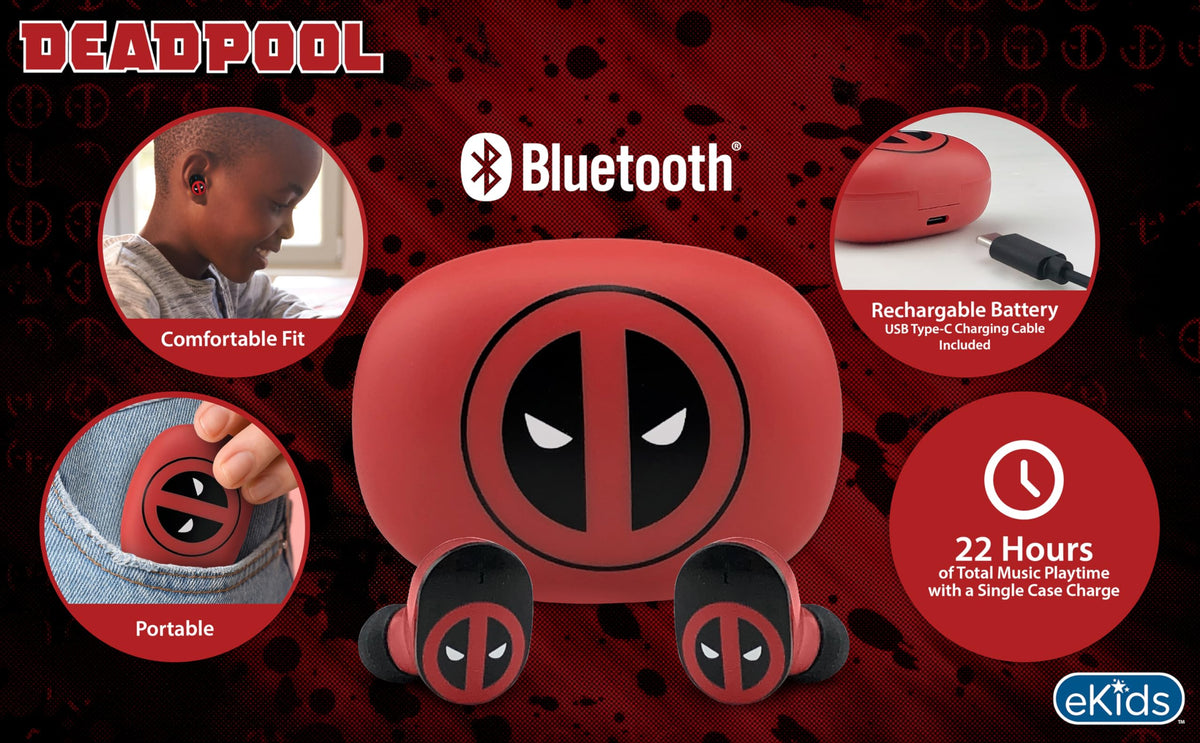 eKids Deadpool charging case pictured, portable power to extend listening time.