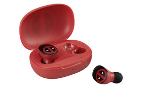 eKids Deadpool wireless earbuds shown, comfortable fit for long listening sessions.