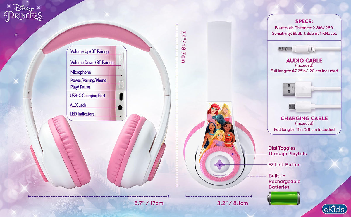 eKids Disney Princess accessories including USB cable and audio cable showing connectivity benefit
