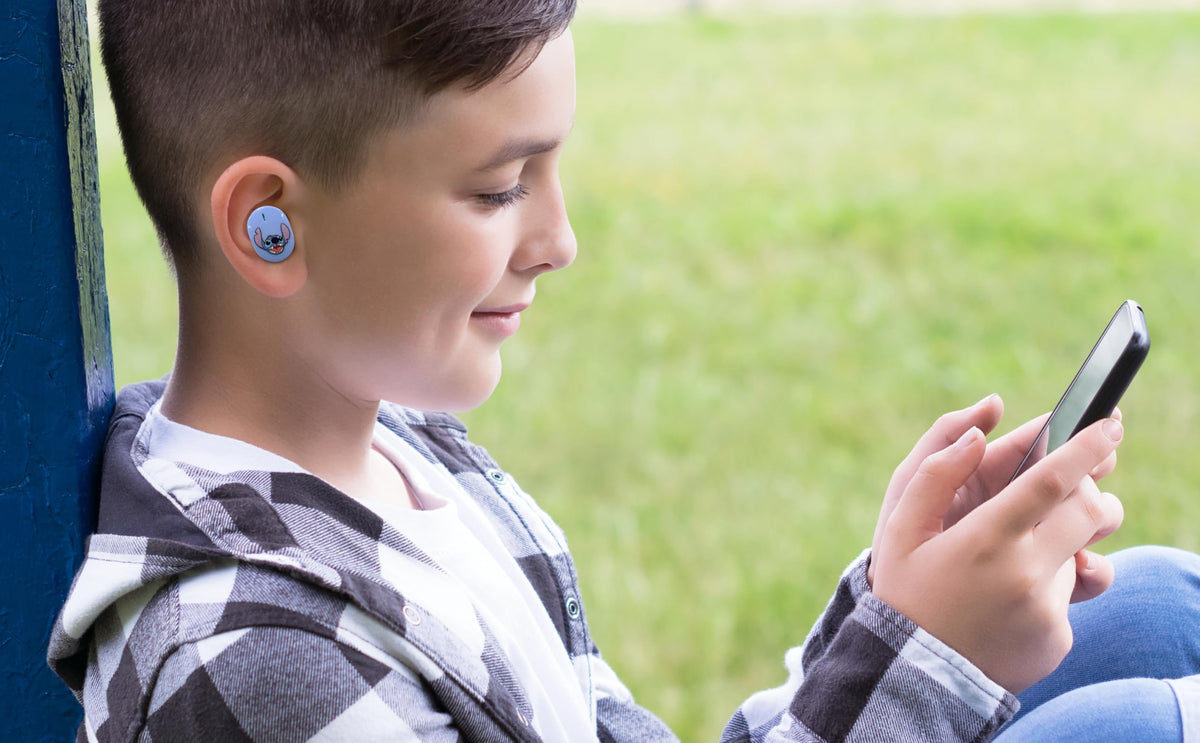 eKids Disney Stitch earbuds with a built-in microphone for clear calls.