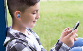 eKids Disney Stitch earbuds with a built-in microphone for clear calls.
