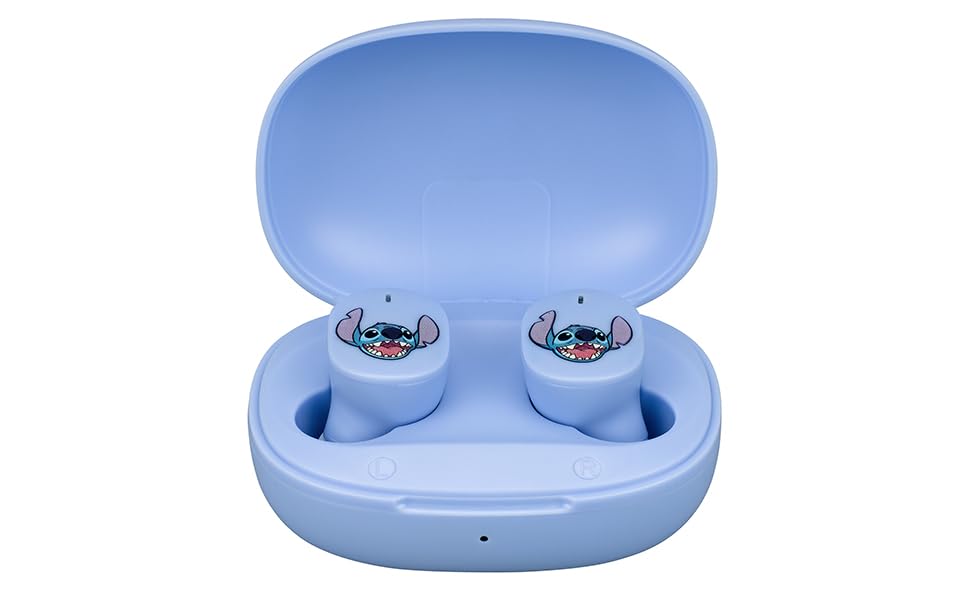 eKids Disney Stitch wireless earbuds for kids with a comfortable fit.