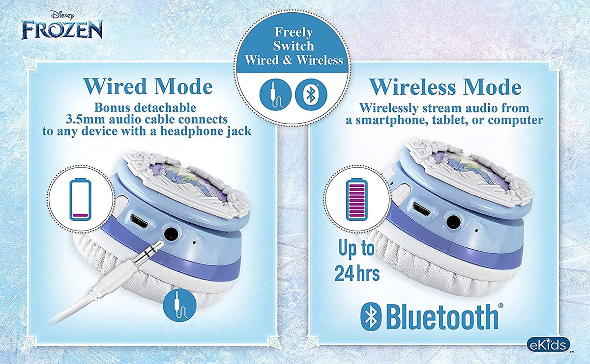 included aux cable connected to eKids Disney Frozen headphones for wired listening option