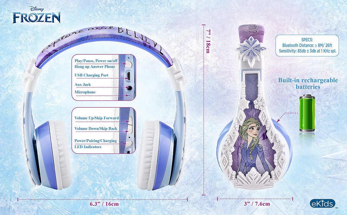 eKids Frozen 2 3.5mm cable and Bluetooth port showing wired backup benefit