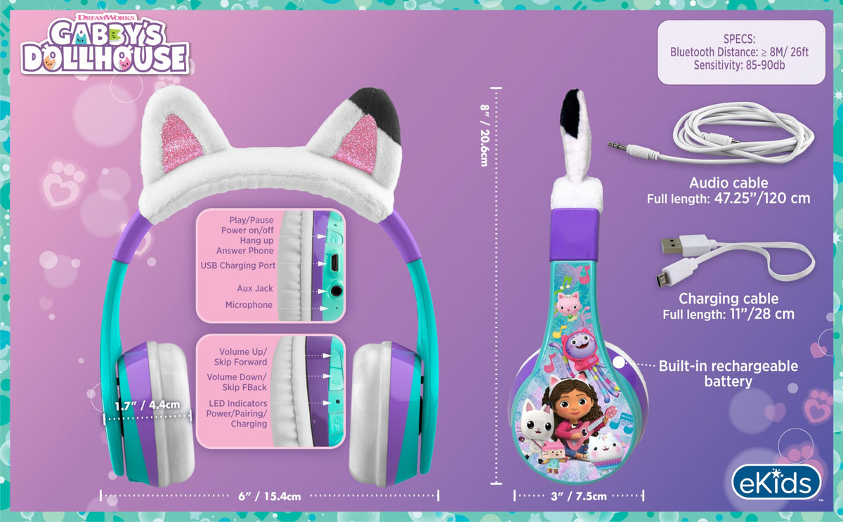 child wearing eKids Gabby’s Dollhouse headphones during travel for focused listening