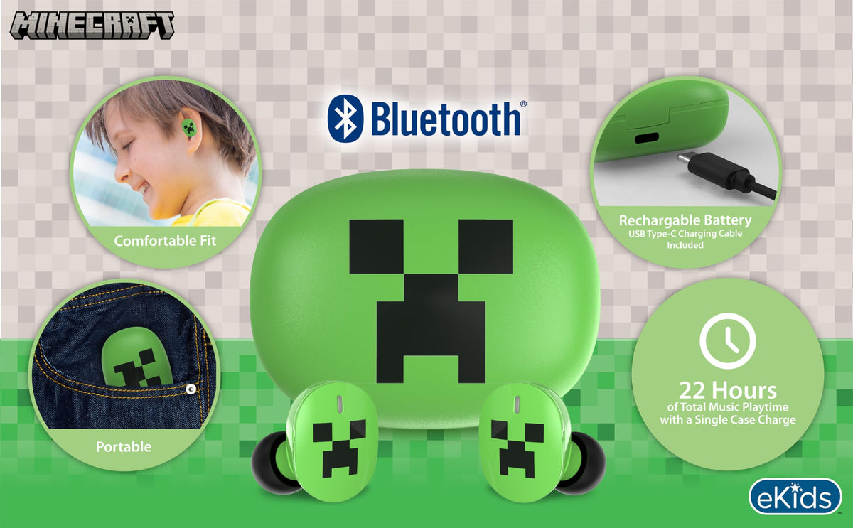 ekids Minecraft charging case keeps earbuds charged through school days and trips