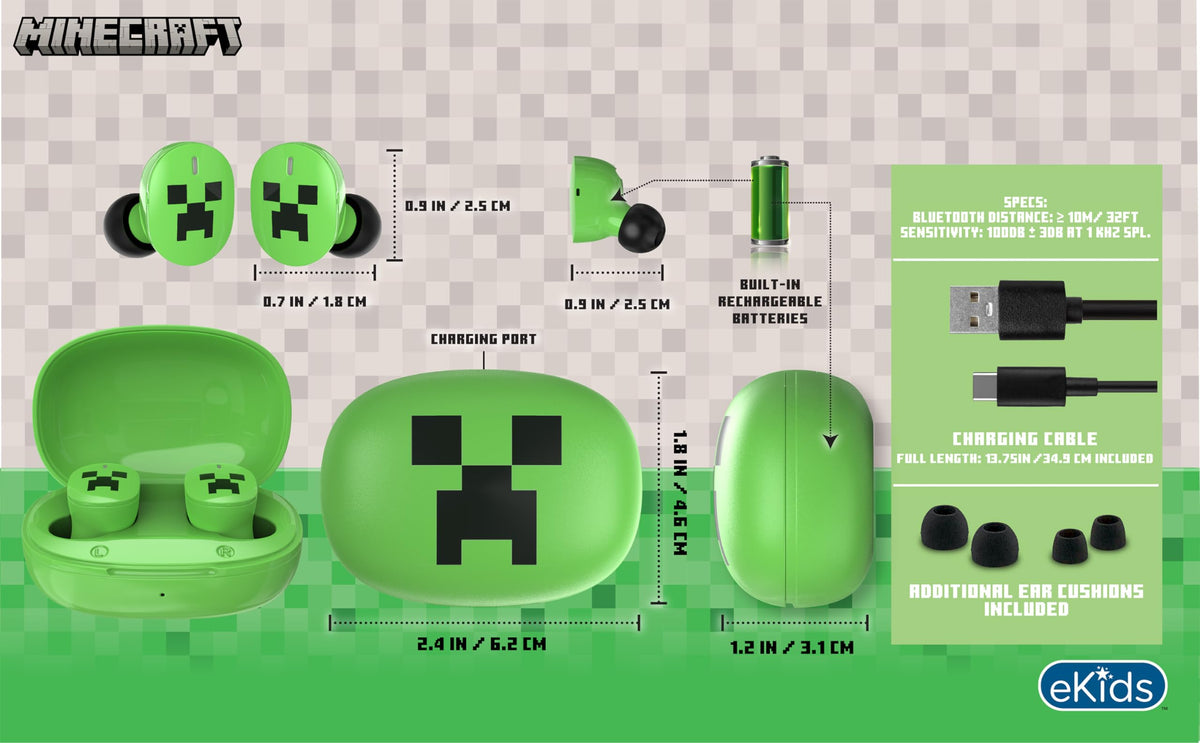 ekids Minecraft rubber ear cushions in three sizes ensure secure fit