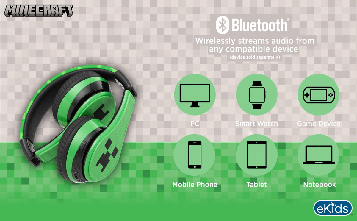 eKids headphones beside a book to show kid-scale size and easy storage