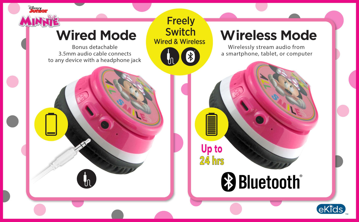 eKids Minnie Mouse 3.5mm wired cable and audio port for backup use