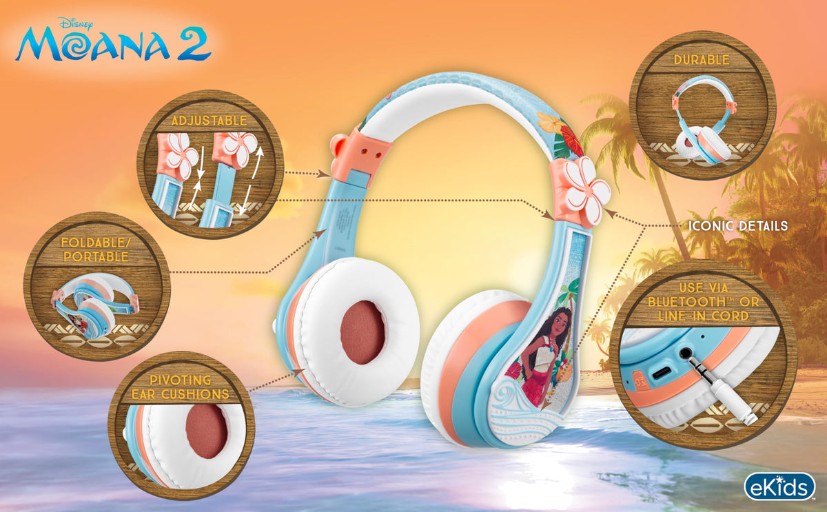 eKids Moana headphones folded for travel, compact and easy to pack