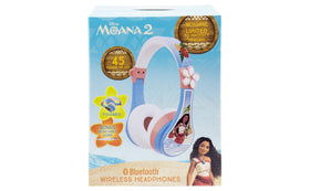 eKids Moana headphones beside a backpack demonstrating travel-friendly size