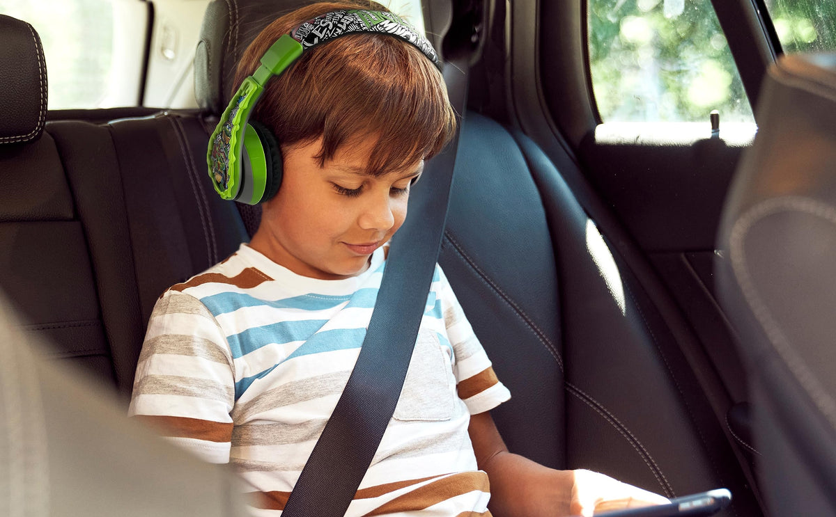 eKids Ninja Turtles headphones with microphone visible, ready for classroom calls