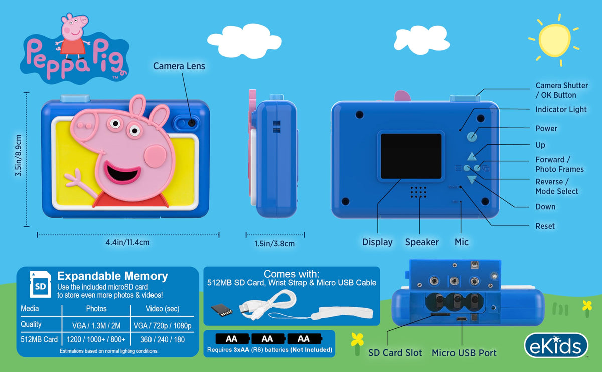 eKids Peppa Pig back screen display showing 2-inch preview and easy playback