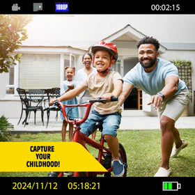 eKids Pikachu laid out with SD card, wrist strap, and micro USB for convenience