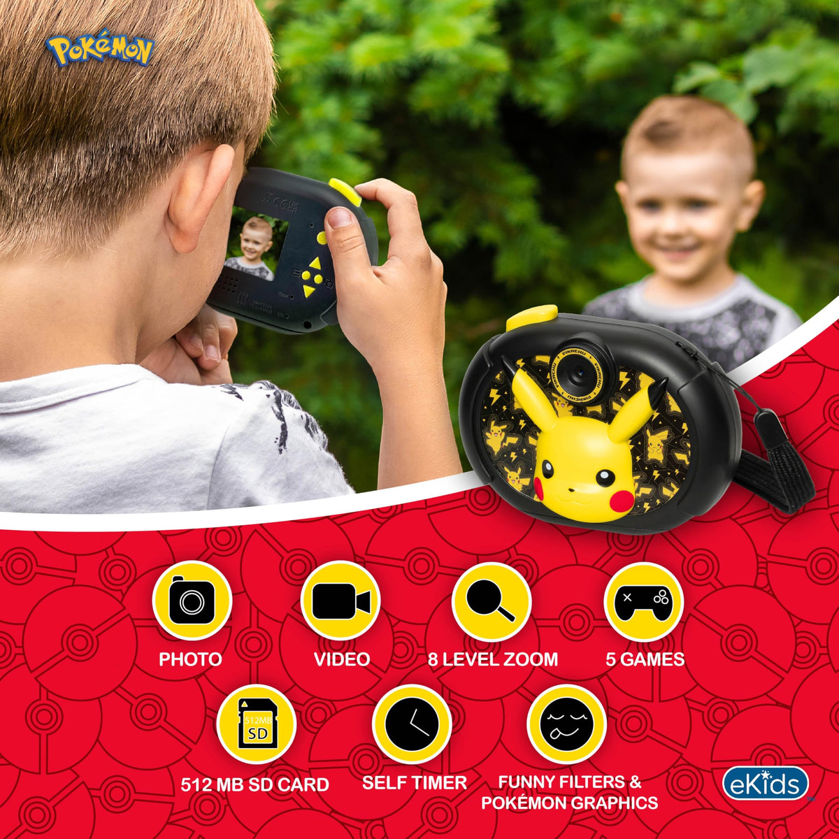eKids Pikachu back with 2-inch screen displaying saved photo for quick review