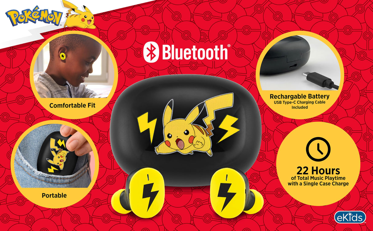 ekids Pokemon charging case with USB-C keeps kids earbuds ready on the go.