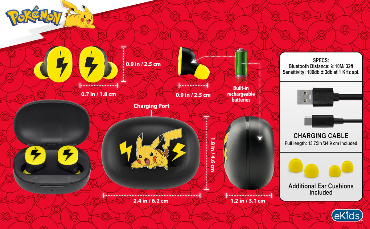 ekids Pokemon earbuds include small medium and large cushions for a tailored fit.