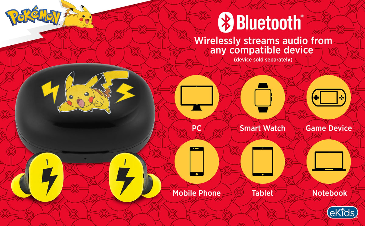 ekids Pokemon true wireless earbuds with microphone for easy hands-free calls.
