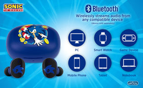 ekids Sonic hedgehog charging case graphic with extended playtime and easy recharging.