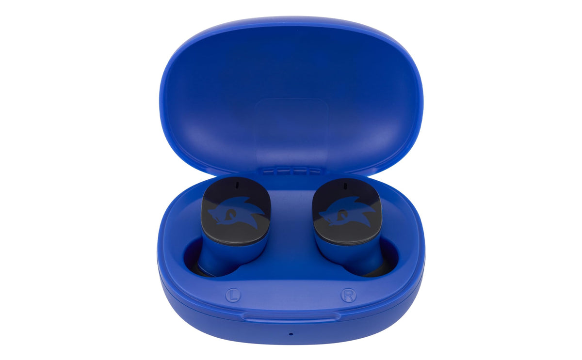 ekids Sonic hedgehog earbuds with charging case, ideal for travel and quick charging.