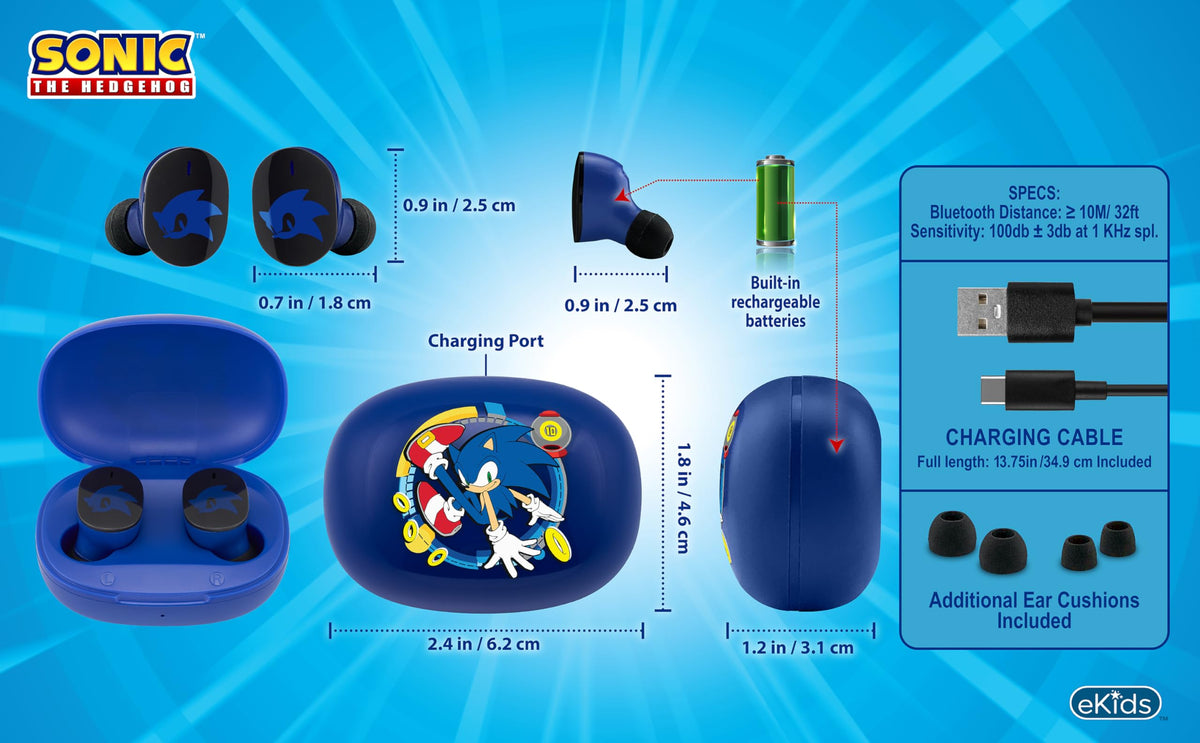ekids Sonic hedgehog earbuds include three-size cushions for secure comfort.