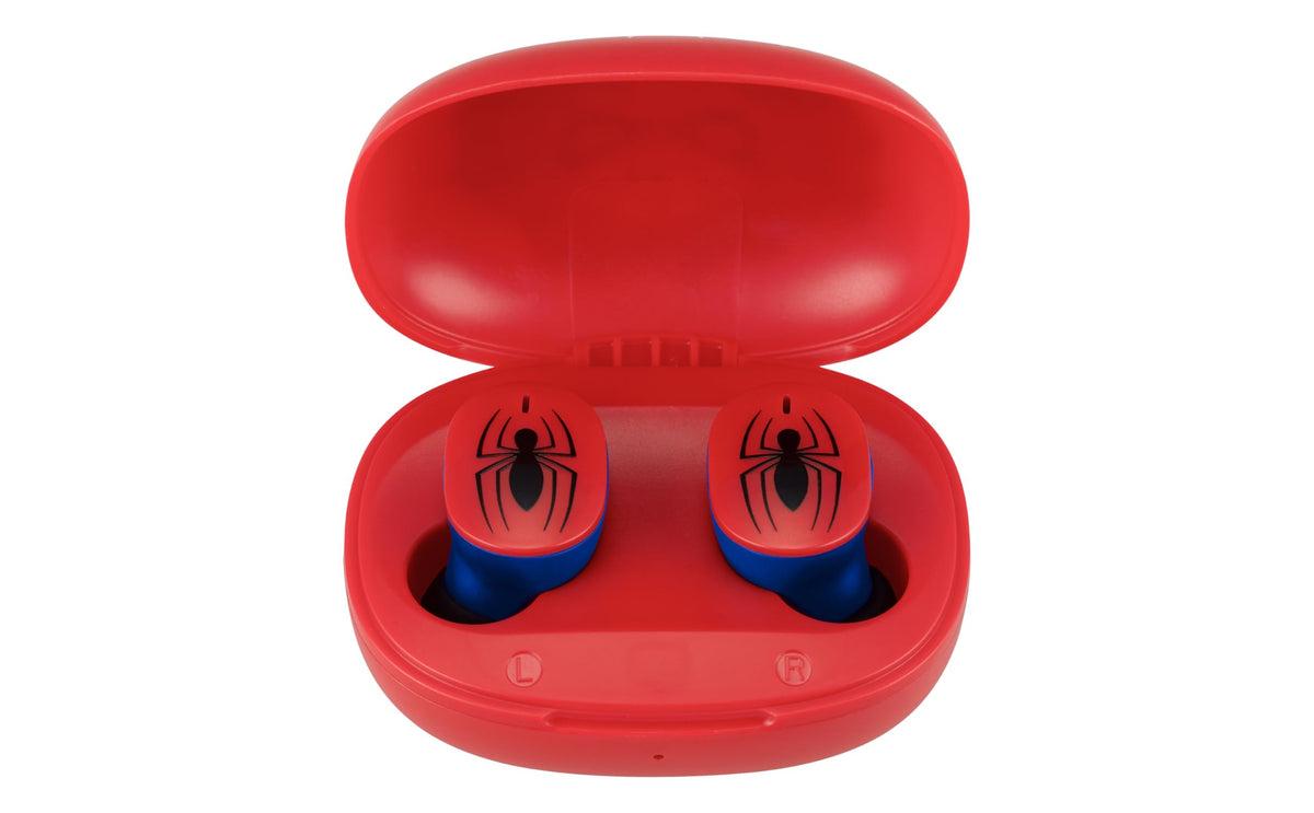 ekids Spider-Man earbuds case front view showing portable charging on the go